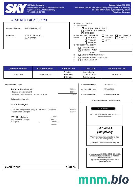 Filipiny Sky Cable Corporation rachunek za usługi komunalne Word i szablon PDF